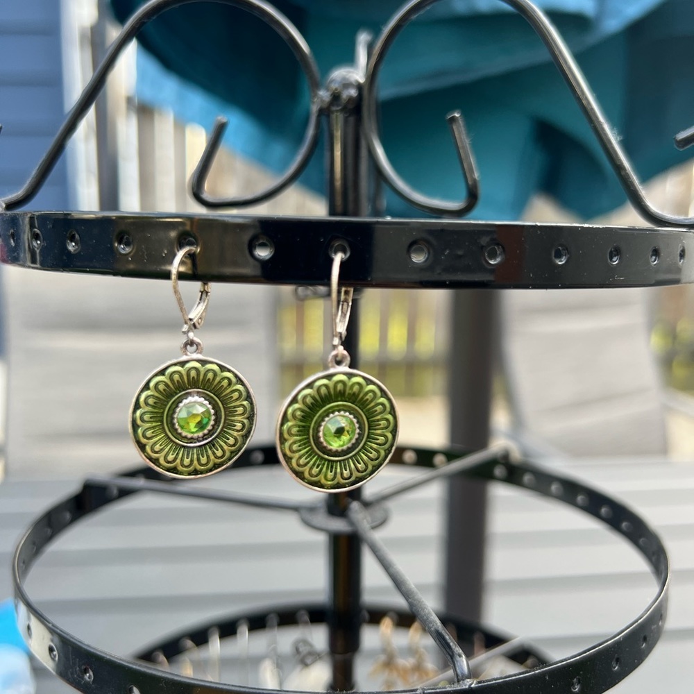 Green metal flower earrings